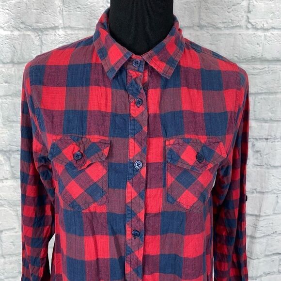 Passport 100% cotton plaid button down Longsleeve top red/navy blue sz Med women - Picture 2 of 10